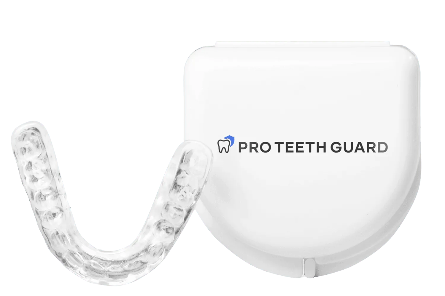 Pro Teeth Guard clear custom night guard beside its white protective case